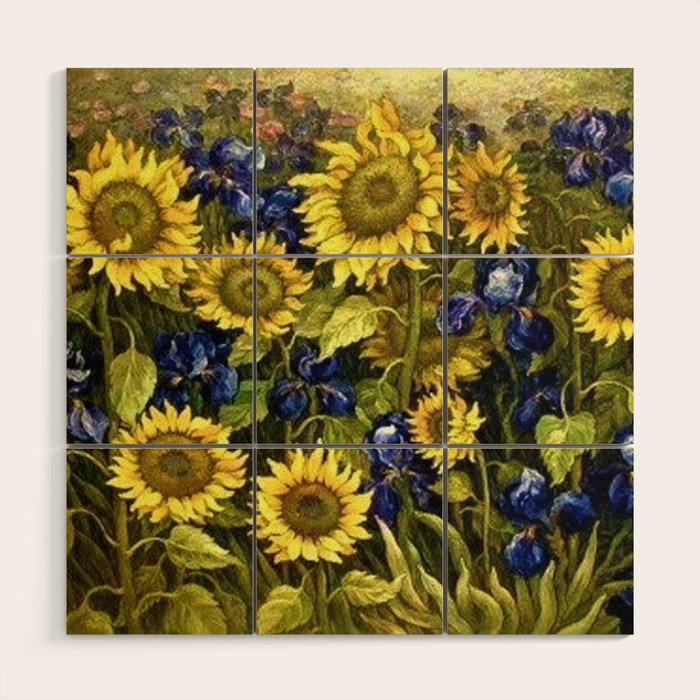 Sunflowers & Blue Irises by Vincent van Gogh Wood Wall Art Gallery Image 1