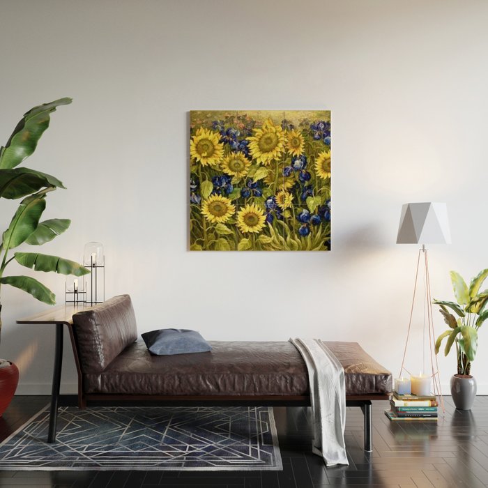 Sunflowers & Blue Irises by Vincent van Gogh Wood Wall Art Gallery Image 2
