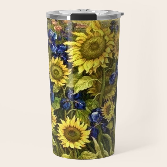 Sunflowers & Blue Irises by Vincent van Gogh Travel Mug Gallery Image 1