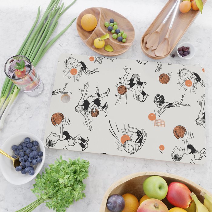 Basketball Fun Comic Illustration Pattern with Balls on Grey Background Cutting Board Gallery Image 2