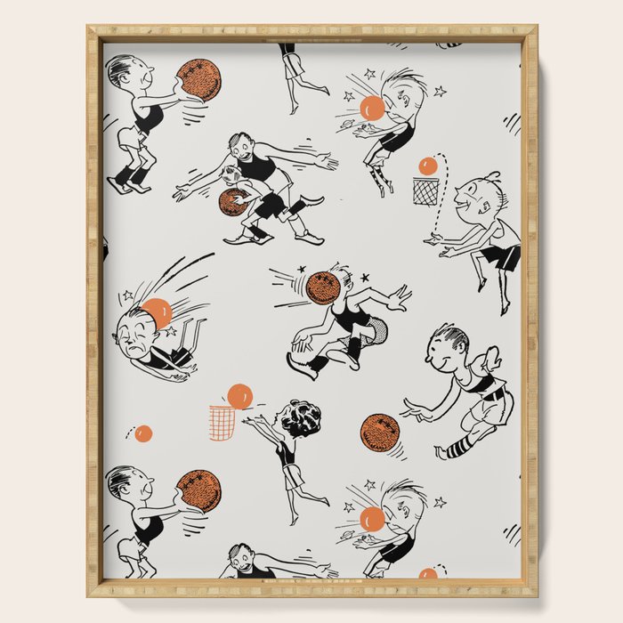 Basketball Fun Comic Illustration Pattern with Balls on Grey Background Serving Tray Gallery Image 1