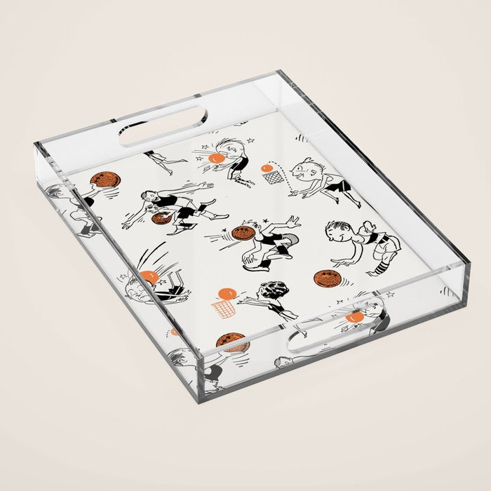 Basketball Fun Comic Illustration Pattern with Balls on Grey Background Acrylic Tray Gallery Image 1