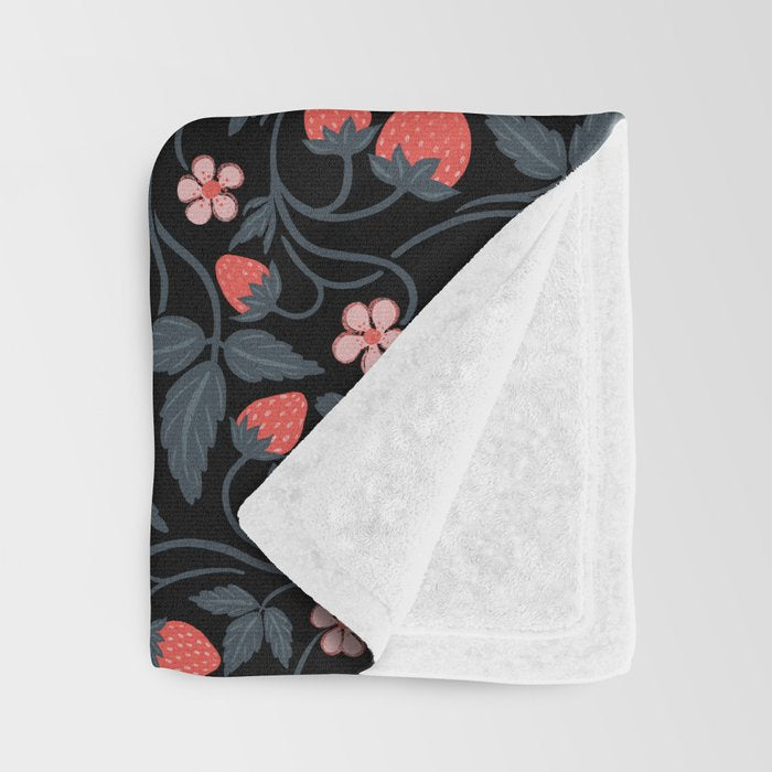 Strawberries - red and slate on black Throw Blanket Gallery Image 3