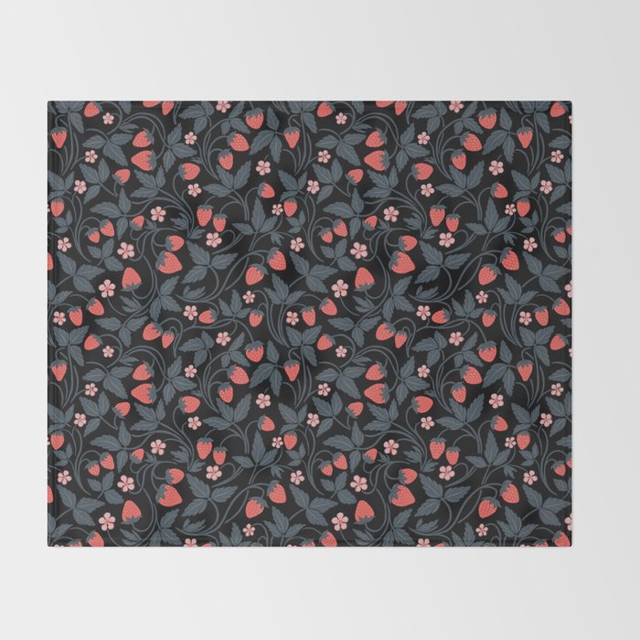 Strawberries - red and slate on black Throw Blanket Gallery Image 2