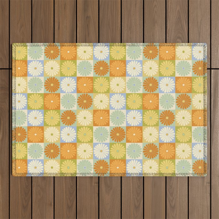 Retro Flowers Check Pattern XXVIII Outdoor Rug Gallery Image 1