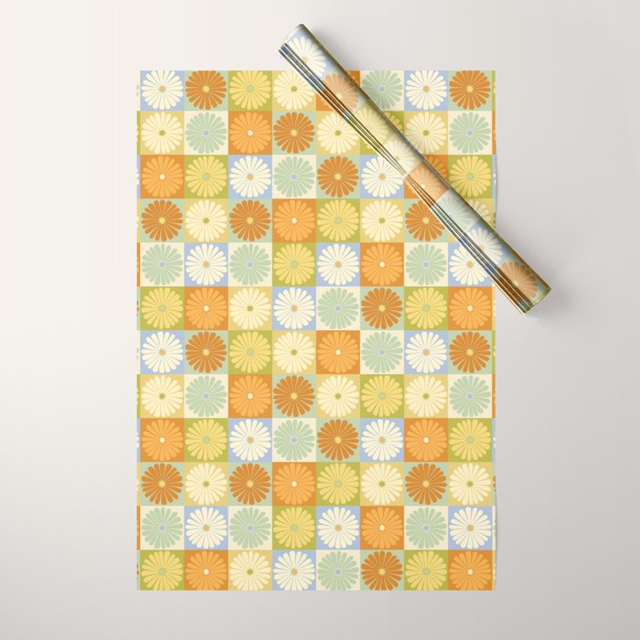 Retro Flowers Check Pattern XXVIII Wrapping Paper Gallery Image 1