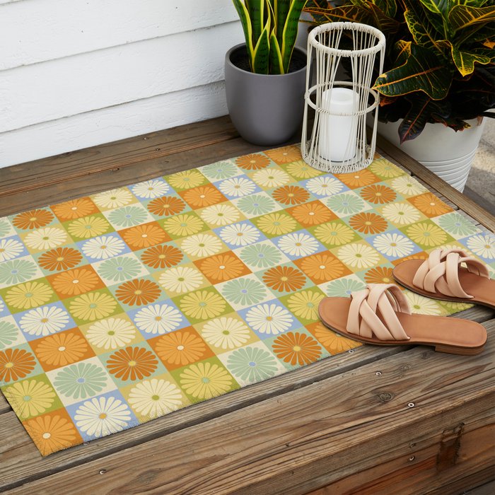 Retro Flowers Check Pattern XXVIII Outdoor Rug Gallery Image 2