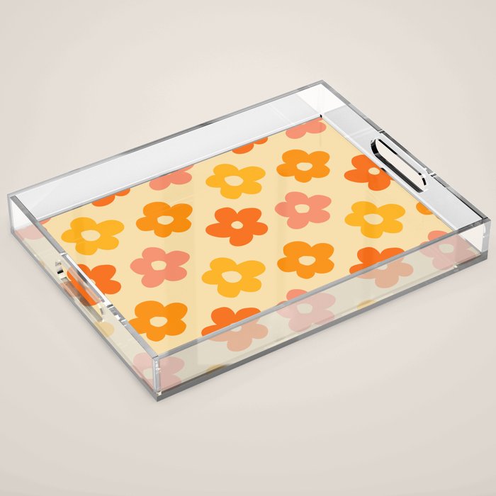 Retro 60s 70s Flowers Pattern Orange #pattern #vintage  Acrylic Tray Gallery Image 1