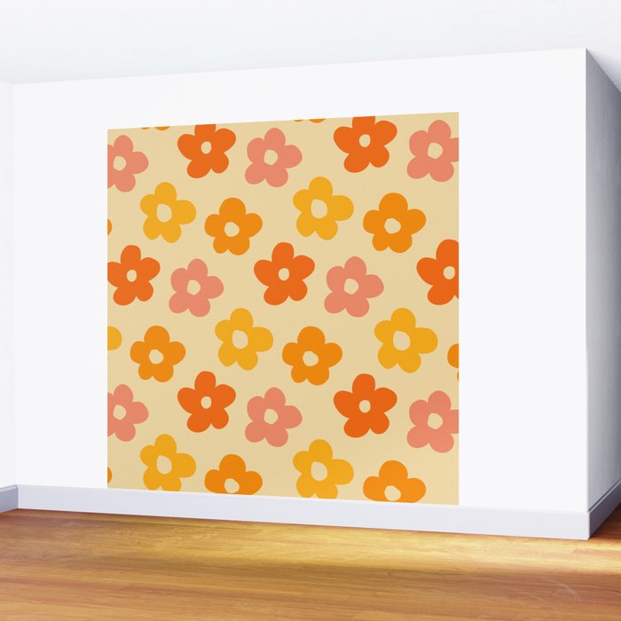 Retro 60s 70s Flowers Pattern Orange #pattern #vintage  Wall Mural Gallery Image 2