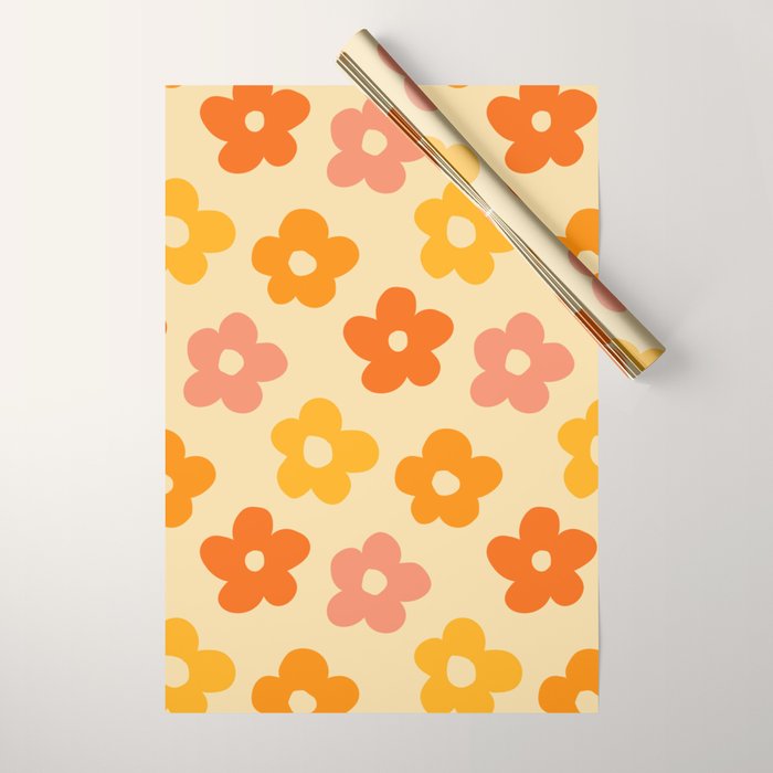 Retro 60s 70s Flowers Pattern Orange #pattern #vintage  Wrapping Paper Gallery Image 1