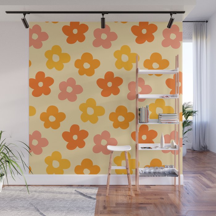 Retro 60s 70s Flowers Pattern Orange #pattern #vintage  Wall Mural Gallery Image 1