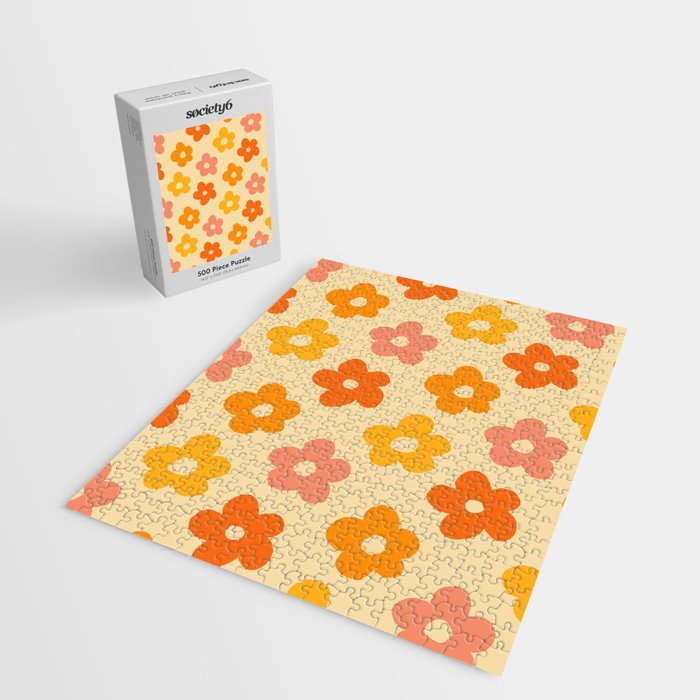 Retro 60s 70s Flowers Pattern Orange #pattern #vintage  Jigsaw Puzzle Gallery Image 2