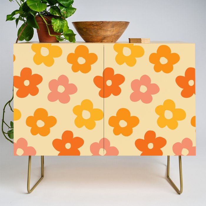 Retro 60s 70s Flowers Pattern Orange #pattern #vintage  Credenza Gallery Image 1