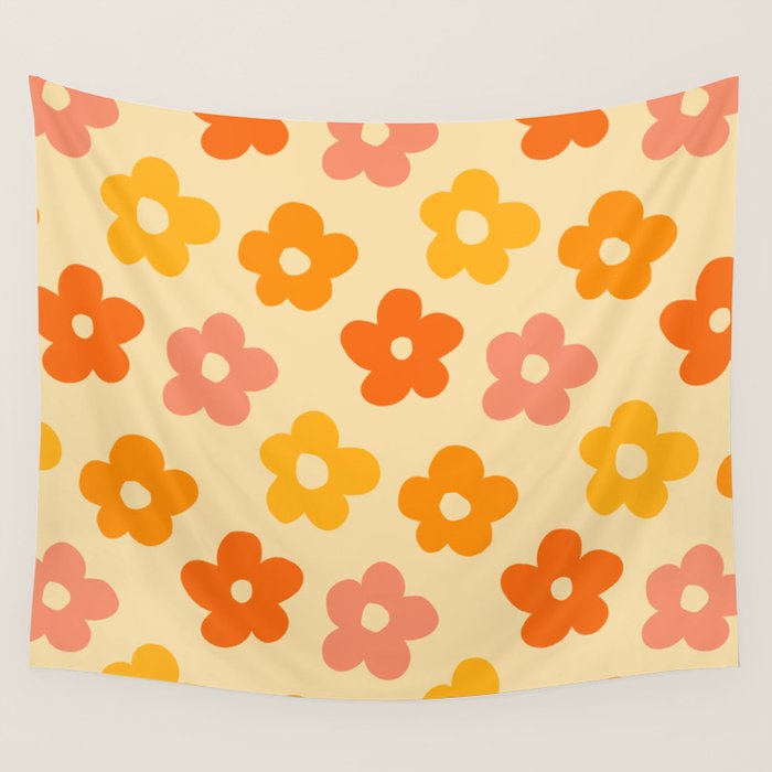 Retro 60s 70s Flowers Pattern Orange #pattern #vintage  Wall Tapestry Gallery Image 4