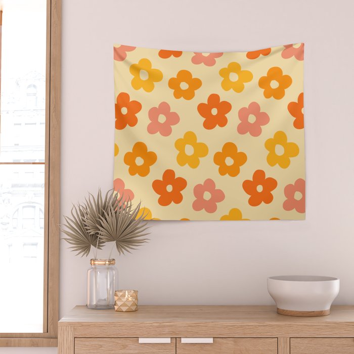 Retro 60s 70s Flowers Pattern Orange #pattern #vintage  Wall Tapestry Gallery Image 2