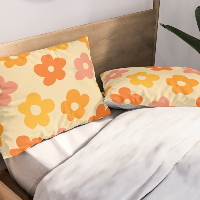 Retro 60s 70s Flowers Pattern Orange #pattern #vintage  Pillow Sham Gallery Image 2