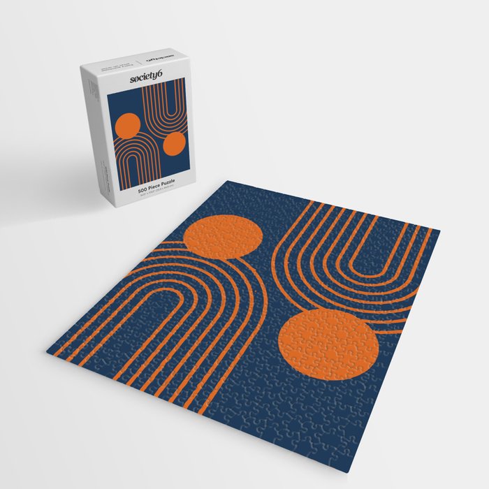 Mid Century Modern Geometric 186 in Navy Blue Orange Jigsaw Puzzle Gallery Image 2