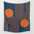 Mid Century Modern Geometric 186 in Navy Blue Orange Wall Tapestry Gallery Image 4