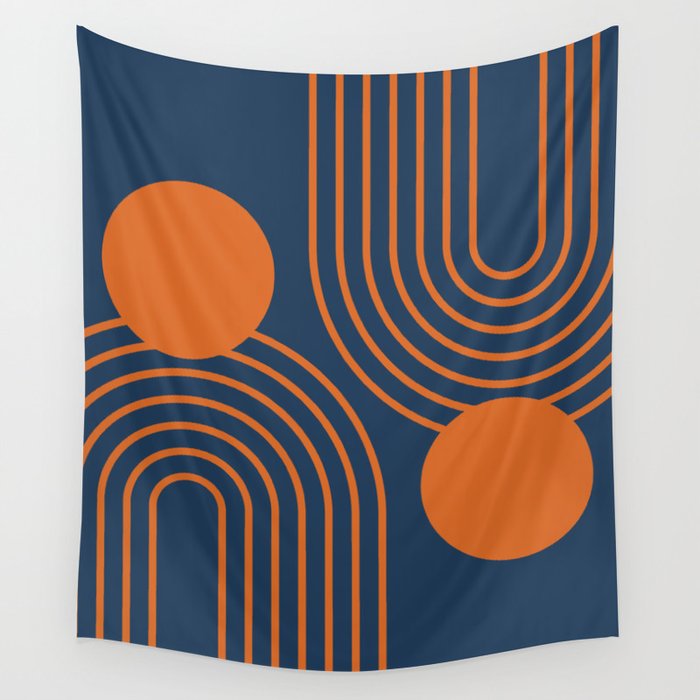 Mid Century Modern Geometric 186 in Navy Blue Orange Wall Tapestry Gallery Image 4