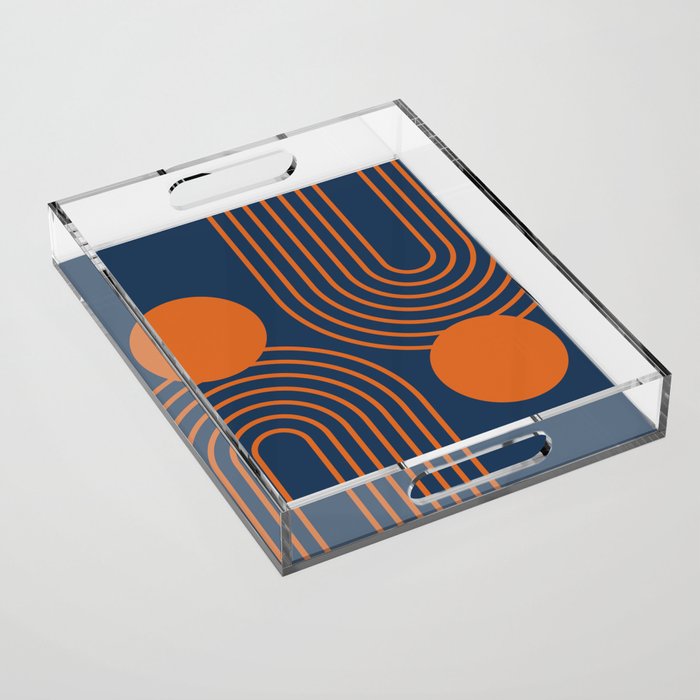 Mid Century Modern Geometric 186 in Navy Blue Orange Acrylic Tray Gallery Image 1