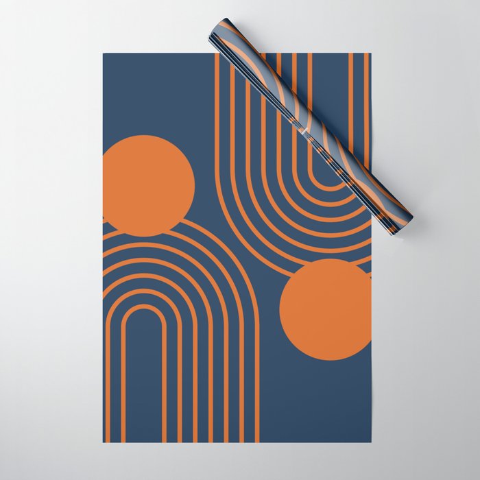 Mid Century Modern Geometric 186 in Navy Blue Orange Wrapping Paper Gallery Image 1