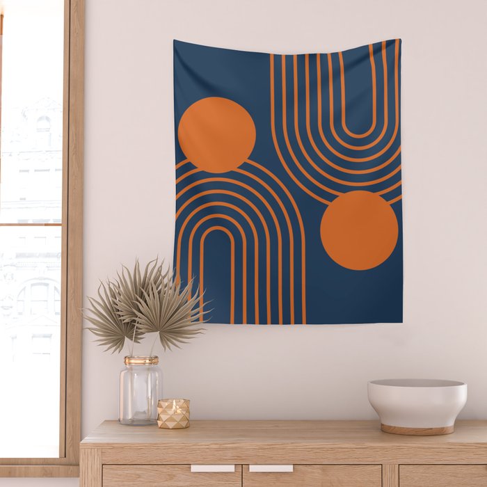 Mid Century Modern Geometric 186 in Navy Blue Orange Wall Tapestry Gallery Image 2