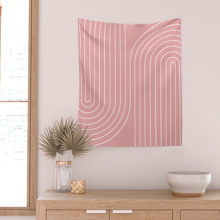 Minimal Line Curvature X Pink Mid Century Modern Arch Abstract Wall Tapestry Gallery Image 2