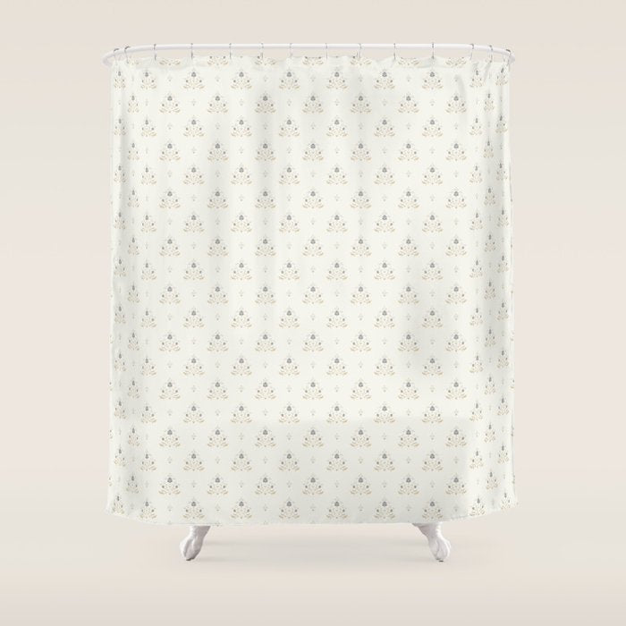 Cafe Floral Vintage Block Print - Blue Gold Shower Curtain Gallery Image 1