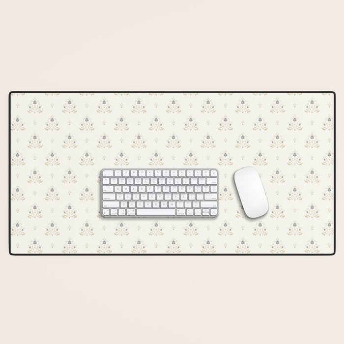 Cafe Floral Vintage Block Print - Blue Gold Desk Mat Gallery Image 1
