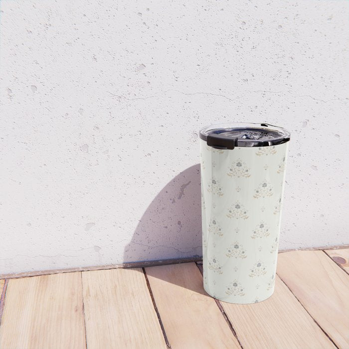 Cafe Floral Vintage Block Print - Blue Gold Travel Mug Gallery Image 4