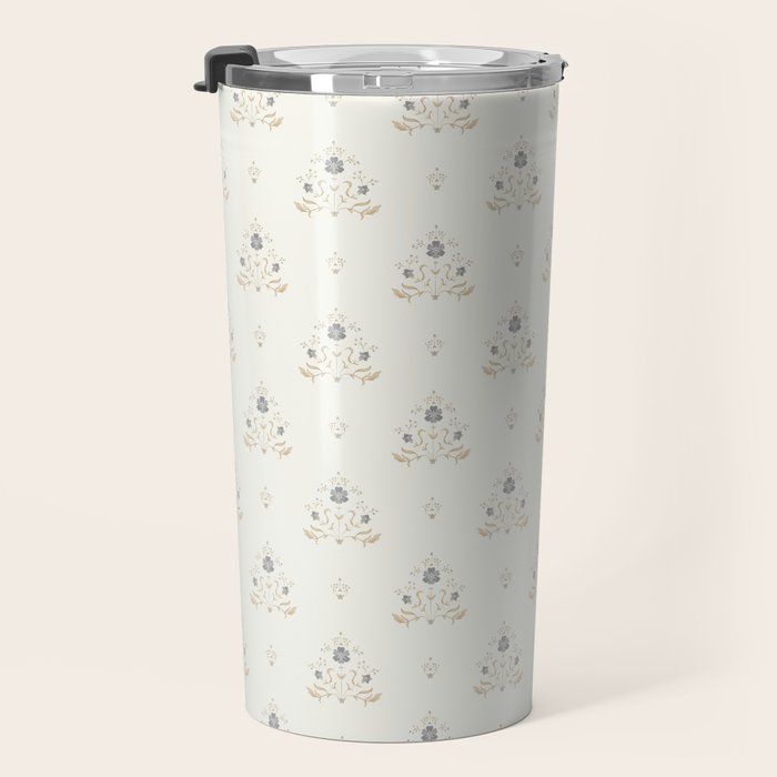 Cafe Floral Vintage Block Print - Blue Gold Travel Mug Gallery Image 3