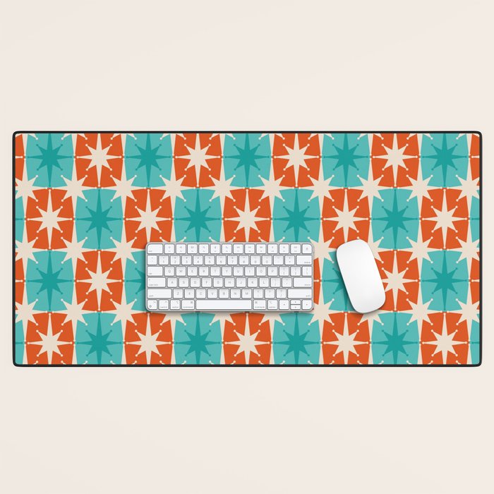 Mid Century Modern Atomic Stars Retro Checkered Starburst Pattern in Teal Turquoise Orange Desk Mat Gallery Image 1
