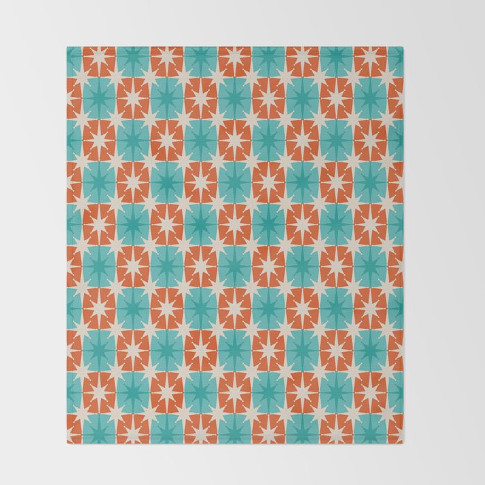Mid Century Modern Atomic Stars Retro Checkered Starburst Pattern in Teal Turquoise Orange Throw Blanket Gallery Image 2