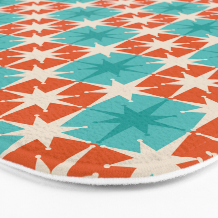 Mid Century Modern Atomic Stars Retro Checkered Starburst Pattern in Teal Turquoise Orange Bath Mat Gallery Image 3