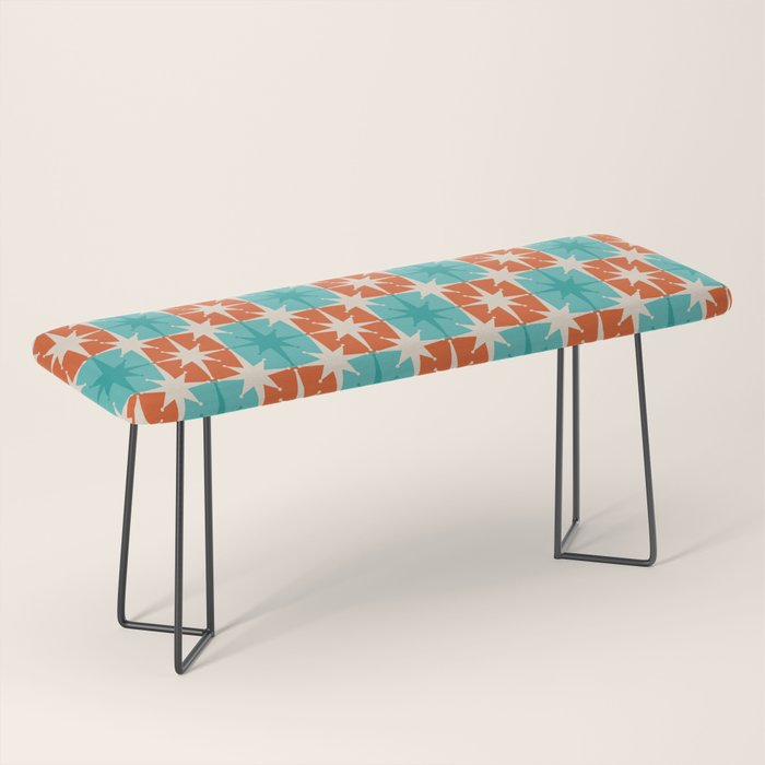 Mid Century Modern Atomic Stars Retro Checkered Starburst Pattern in Teal Turquoise Orange Bench Gallery Image 1