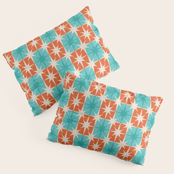 Mid Century Modern Atomic Stars Retro Checkered Starburst Pattern in Teal Turquoise Orange Pillow Sham Gallery Image 1