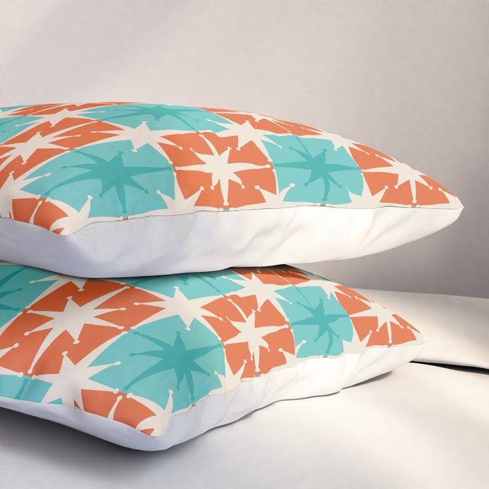 Mid Century Modern Atomic Stars Retro Checkered Starburst Pattern in Teal Turquoise Orange Pillow Sham Gallery Image 3