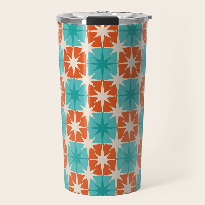 Mid Century Modern Atomic Stars Retro Checkered Starburst Pattern in Teal Turquoise Orange Travel Mug Gallery Image 1