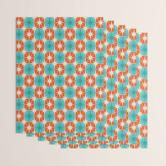 Mid Century Modern Atomic Stars Retro Checkered Starburst Pattern in Teal Turquoise Orange Wrapping Paper Gallery Image 3