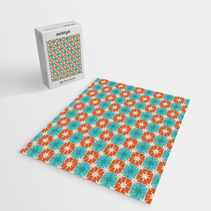 Mid Century Modern Atomic Stars Retro Checkered Starburst Pattern in Teal Turquoise Orange Jigsaw Puzzle Gallery Image 2