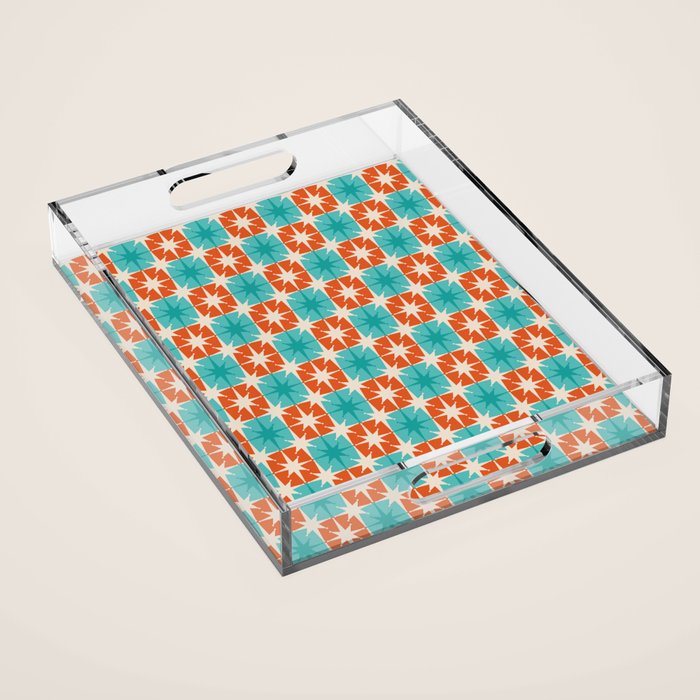 Mid Century Modern Atomic Stars Retro Checkered Starburst Pattern in Teal Turquoise Orange Acrylic Tray Gallery Image 1
