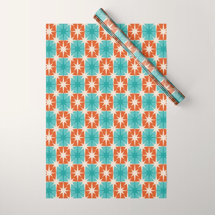 Mid Century Modern Atomic Stars Retro Checkered Starburst Pattern in Teal Turquoise Orange Wrapping Paper Gallery Image 1