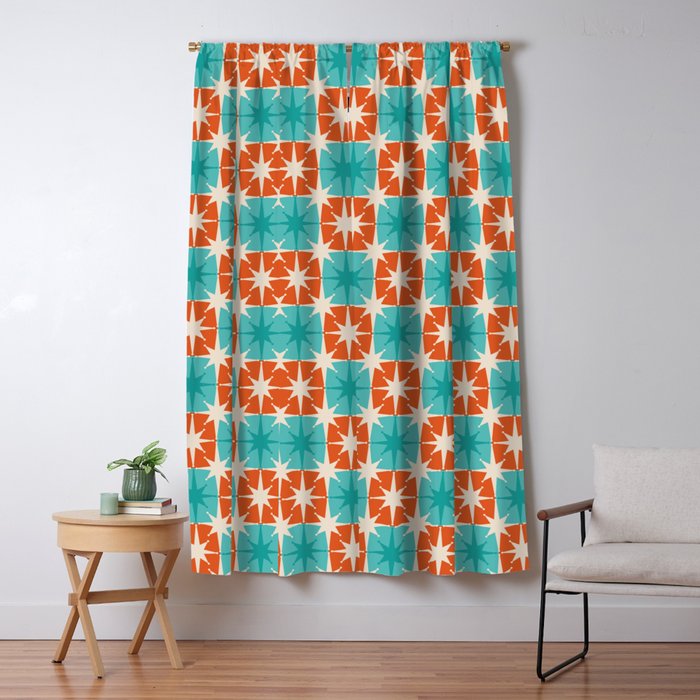 Mid Century Modern Atomic Stars Retro Checkered Starburst Pattern in Teal Turquoise Orange Window Curtain Gallery Image 5