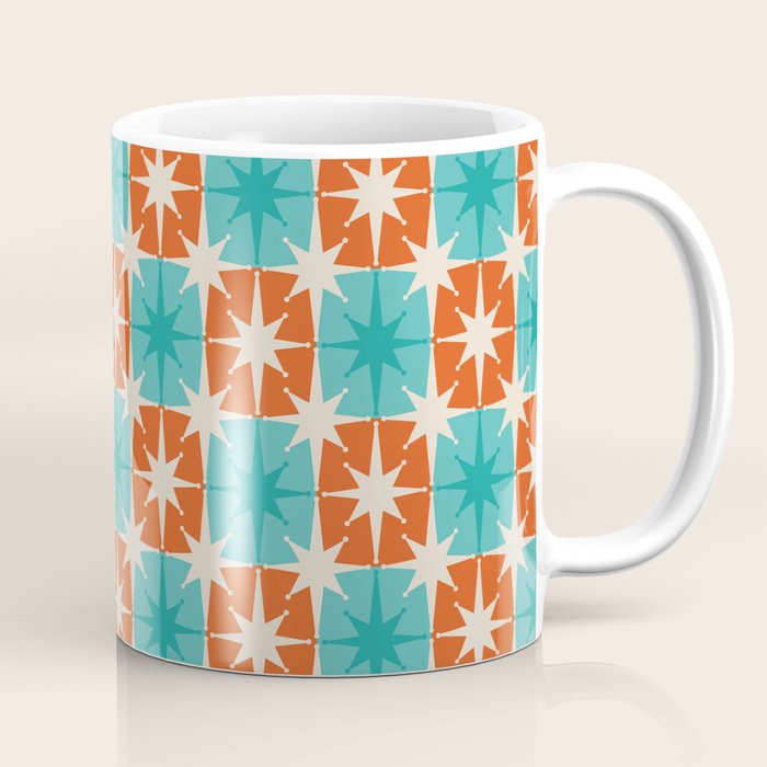 Mid Century Modern Atomic Stars Retro Checkered Starburst Pattern in Teal Turquoise Orange Coffee Mug Gallery Image 1