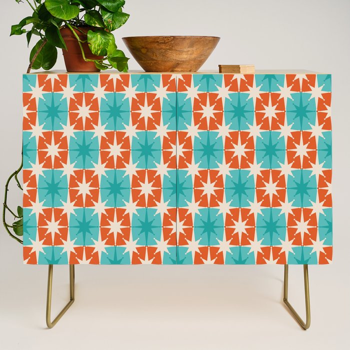 Mid Century Modern Atomic Stars Retro Checkered Starburst Pattern in Teal Turquoise Orange Credenza Gallery Image 1