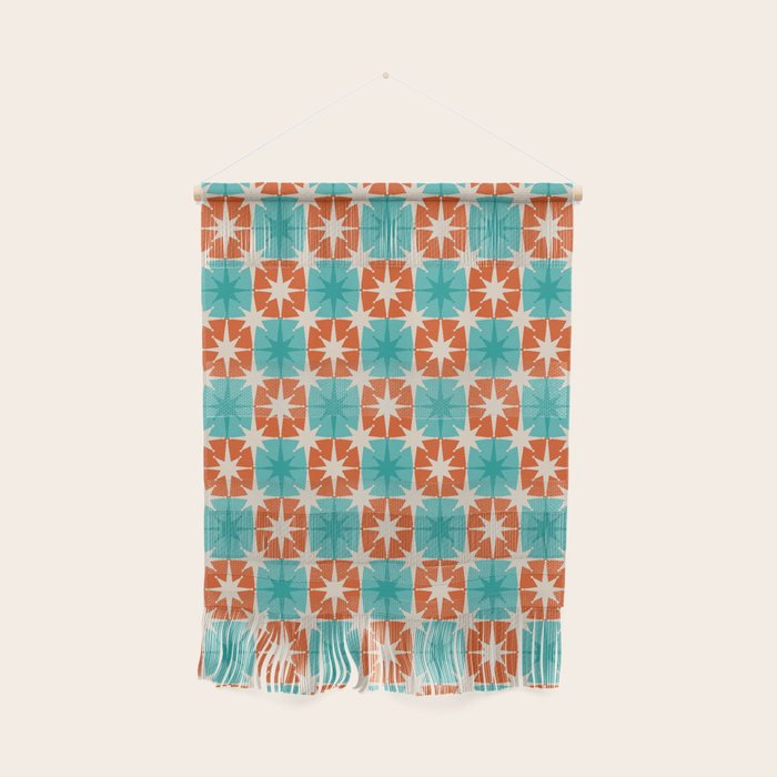 Mid Century Modern Atomic Stars Retro Checkered Starburst Pattern in Teal Turquoise Orange Wall Hanging Gallery Image 1
