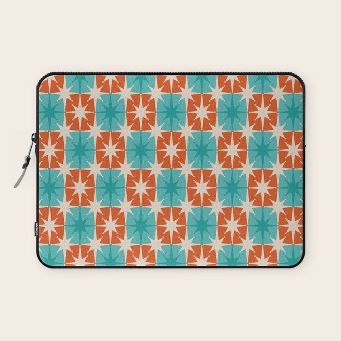 Mid Century Modern Atomic Stars Retro Checkered Starburst Pattern in Teal Turquoise Orange Laptop Sleeve Gallery Image 1