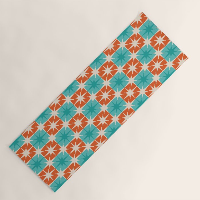 Mid Century Modern Atomic Stars Retro Checkered Starburst Pattern in Teal Turquoise Orange Yoga Mat Gallery Image 1