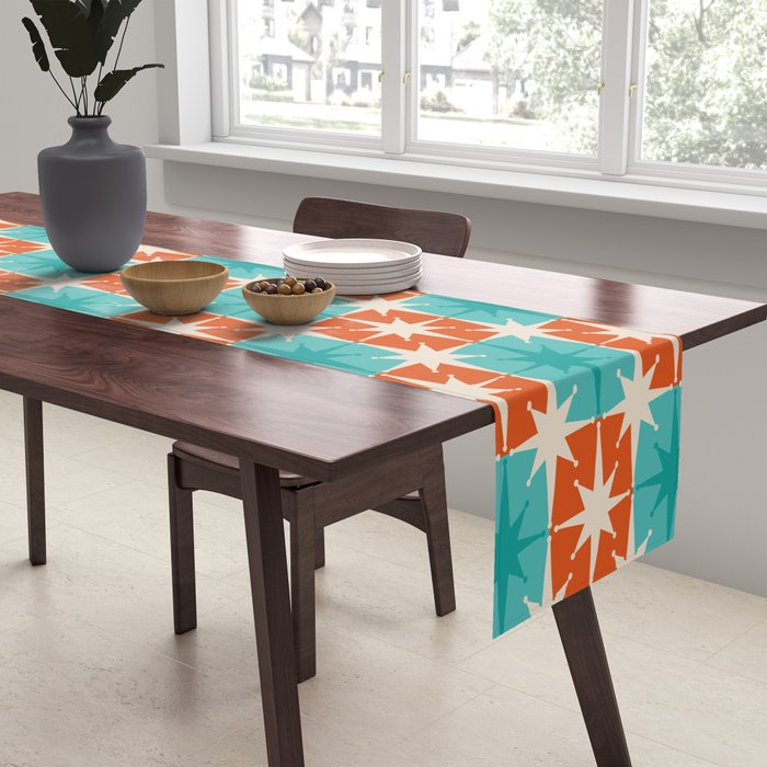 Mid Century Modern Atomic Stars Retro Checkered Starburst Pattern in Teal Turquoise Orange Table Runner Gallery Image 2