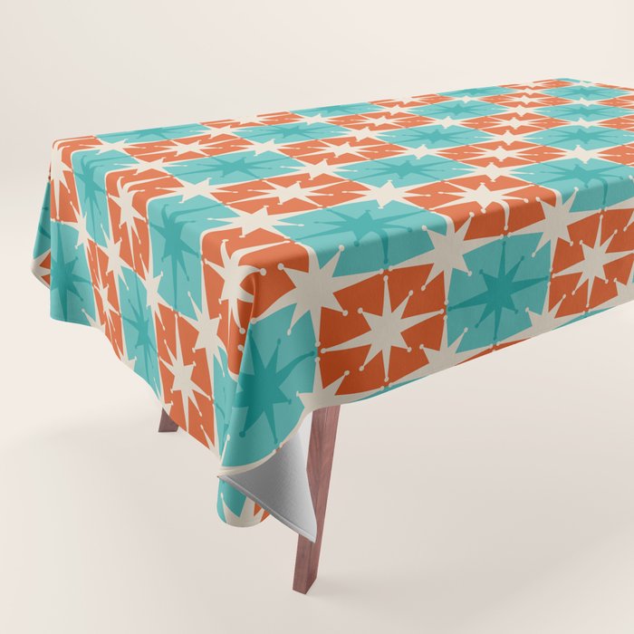 Mid Century Modern Atomic Stars Retro Checkered Starburst Pattern in Teal Turquoise Orange Tablecloth Gallery Image 1